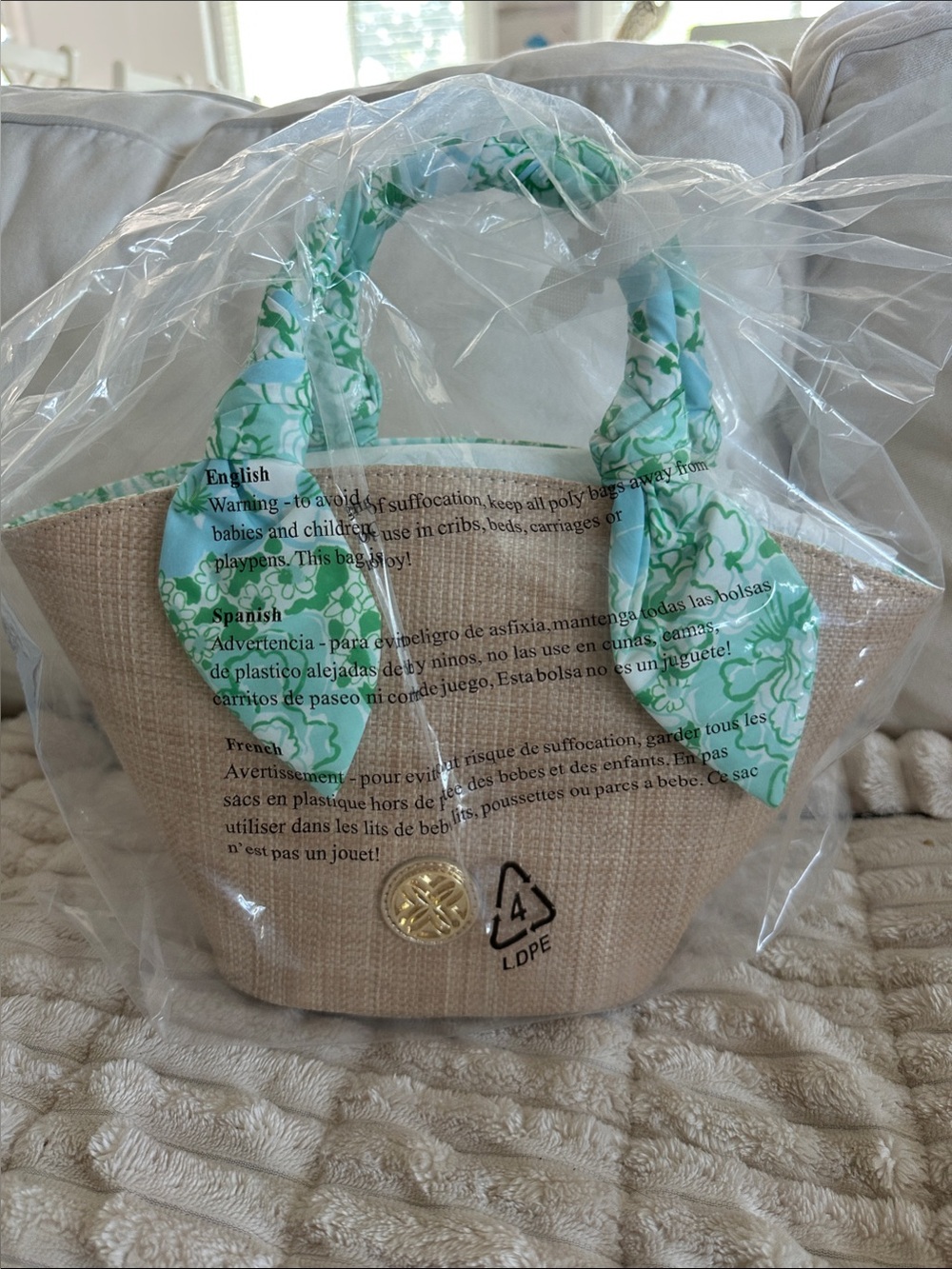NWT Lilly Pulitzer Straw Bag "Burst of Joy" scarf wrapped gold handles - Picture 4 of 11